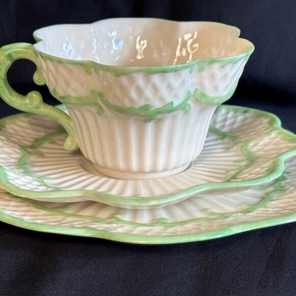 Belleek TRIO 2nd Black Mark - Erne Cup and Saucer, Side Plate c.1891 - Picture 1 of 7
